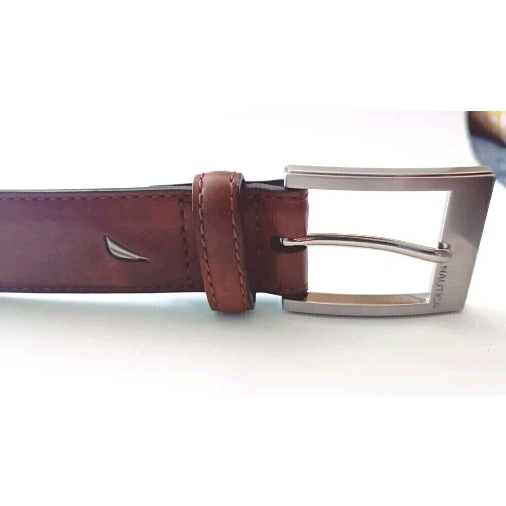 Nautica Men's Belt Size 40 Brown Leather Classic Logo Basic Dress Dad Gift